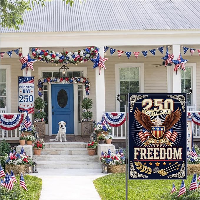 250 Anniversary USA Garden Flag, 4th of July Garden Flag America Patriotic Banner 250 Years of Freedom Yard Sign Eagle Design Double-Sided Waterproof 1776-2026 Commemorative Flag 12x18 Inch
