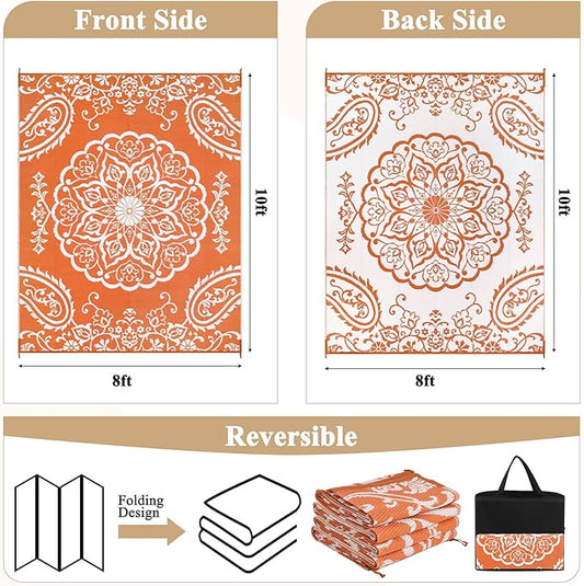 Pauwer Waterproof Outdoor Rug 8x10, Reversible Plastic Straw Patio Camping Rug, Indoor Outdoor RV Mat Carpet for Deck, Camper, Porch, Balcony, Backyard, Picnic, Boho Orange