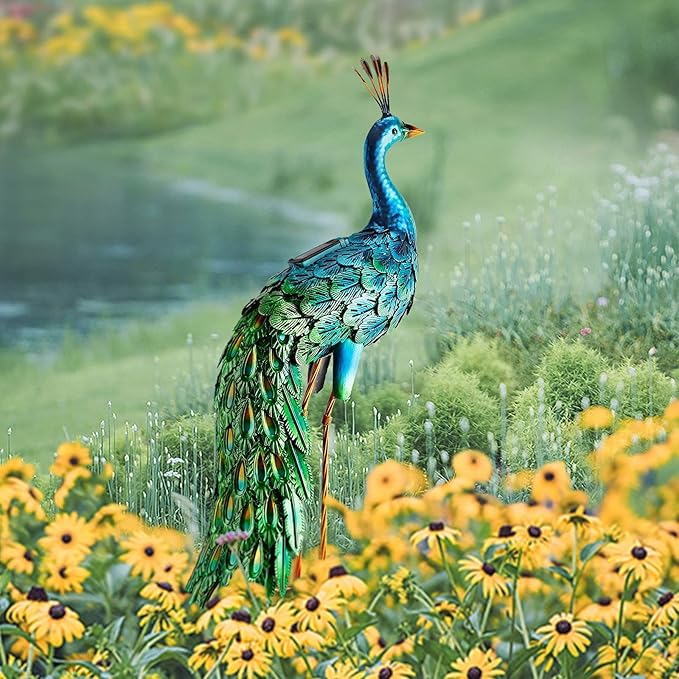 chisheen Outdoor Solar Peacock Decor Garden Statue Metal Yard Art Decoration Outdoor Sculptures for Backyard,Patio,Lawn,Wedding, for Women