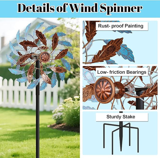Metal Outdoor Wind Spinner, Wind Sculpture Spinner with Metal Stake, Waterproof 360 Degrees Kinetic Windmill Art Decoration for Patio Garden Lawn (Blue+Brown)