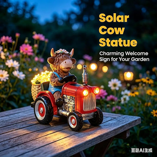 Highland Cow Garden Statue with Solar Light, Farm Animal Decor for Garden, Patio or Lawn, Tractor Riding Outdoor Ornament with Purple Flowers