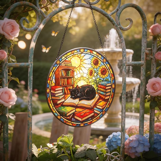 LITIVY Black Cat Suncatcher Stained Glass, Book Lovers Present, 8 Inch Handmade Colorful Library Theme Window Hanging Decor for Reading Nook, Sun Catcher Home Decor