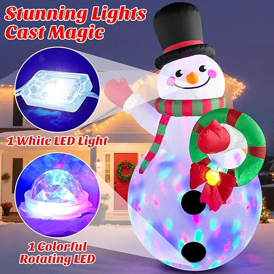 MICOCAH 8FT Christmas Inflatables Outdoor Decorations, Inflatable Snowman Holding Garland Blow Up Yard Decoration Build-in Rotating Colorful LEDs Xmas Holiday Party Indoor Lawn Christmas Eve Décor