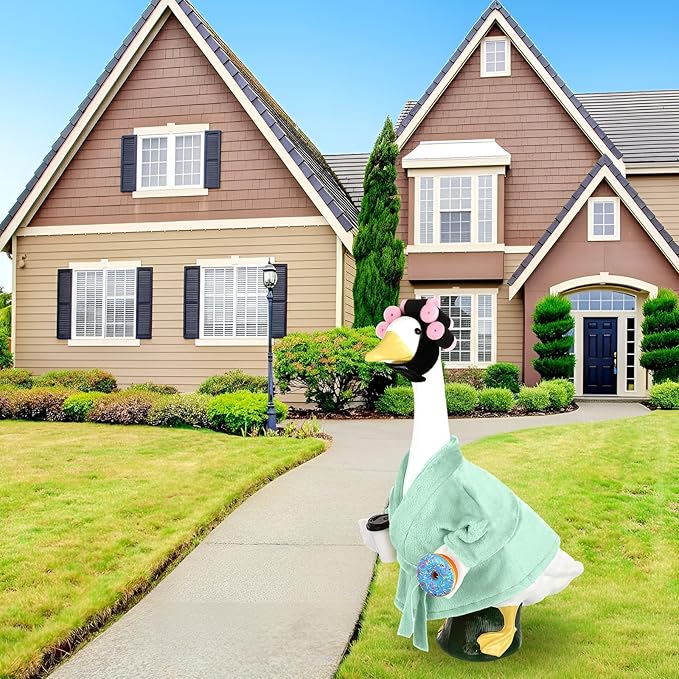 Porch Goose Outfits for 23 Inch Lawn Goose Statue, Green Bathrobe Clothes with Hair Curlers, Coffee Cup & Donut Accessories for Funny Spa Yard Garden Patio Decor
