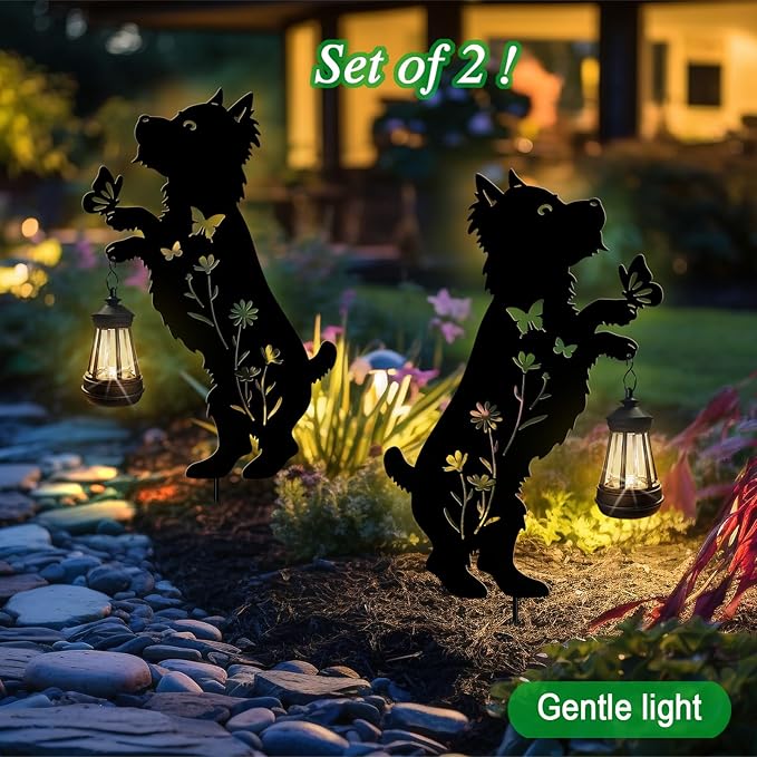 Solar Lights Outdoor Pathway,2 Pack Metal Yorkie Decor with Solar Lantern Garden Stakes,Outside Decorations for Yard,Lawn,Patio,Perfect Dog Gifts for Women