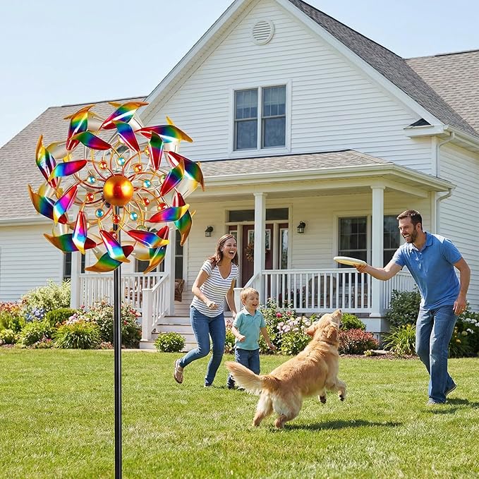 54" H Solar Wind Spinner Outdoor Metal Garden Decor - Kinetic Windmill Yard Art with Color-Changing LED Lights & Sparkling Gemstone - Waterproof Solar Pathway Lights for Lawn, Patio & Garden Gifts