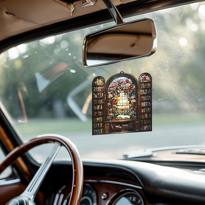 Flower Library Bookish Acrylic Suncatcher Stained Glass Effect Window Car Hanging Christmas Ornament Indoor Outdoor Decor Garden Bookworm Sun Catcher Book Lover for Women Mom Grandma