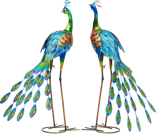 32" Oversized Peacock Decor Set of 2, Hand-Painted Metal Yard Art, Weatherproof Outdoor Garden Statues & Sculptures for Lawn, Flower Beds, Patio, Backyard or Indoor Kitchen & Home Decor