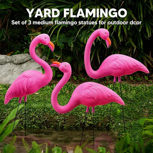 JOYIN 3 Pack Large Pink Flamingo Yard Decorations, Medium Plastic Lawn Flamingo Ornament Stakes with Rubber Coating Metal Legs for Yard, Garden, Luau Party Gift (11in x 20in)