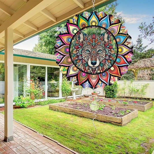 Hanging Wolf Wind Spinner for Outdoor Indoor 3D Stainless Steel Wind Sculptures 10 Inch Cool Animal Metal Wind Spinner for Yard Garden Living Room Zoo Great Gift for Women Friend