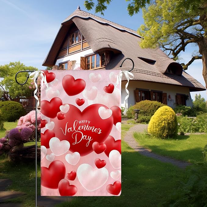 Happy Valentine's Day Garden Flag Red And White Love Hearts Yard Flag 12 x 18 Inch Love Combination Valentine Garden Flags Double Sided Polyester Vertical House Banner for Holiday Wedding