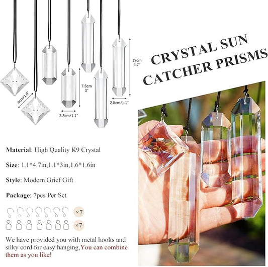 HDCRYSTALGIFTS Set 7 Clear Crystal Prisms Suncatchers Hanging Glass Ornament for Christmas Tree,Rainbow Maker Sun Catchers for Windows Home Garden Decoration,Modern Grief Gift