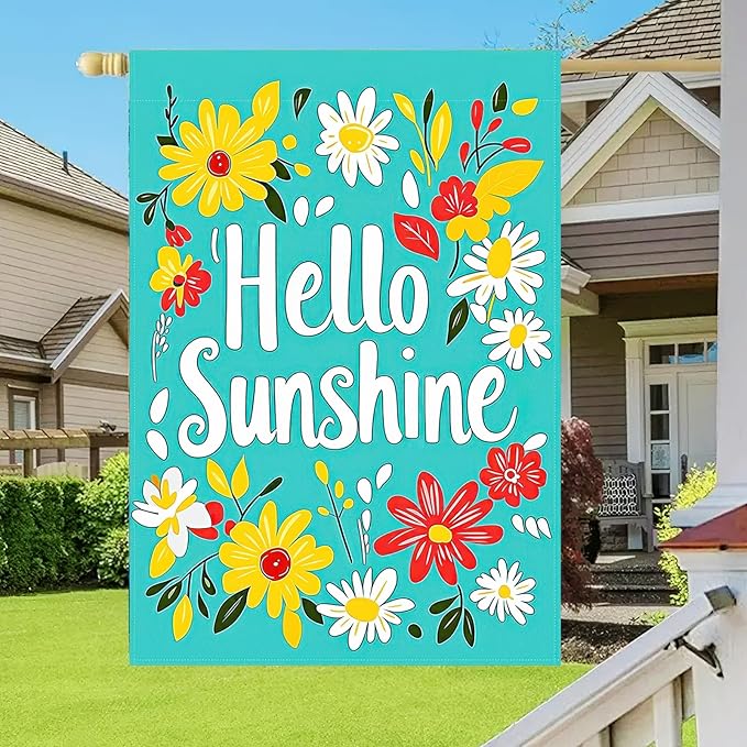 BlissYard Hello Sunshine Summer Garden Flags 12x18 Double Sided Flag Spring Summer Outdoor Decor with Radiant Sun and Sunflower Design Perfect Floral Seasonal Yard Outdoor Flag