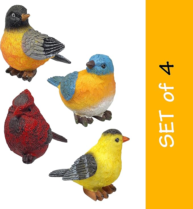 Songbird Garden Figurines Set of 4 – Cardinal, Bluebird, Goldfinch & Robin – Decorative Bird Statues for Home Décor, Spring Decorations, Crafting, Shelf Table Display – 3.75" W x 3" H