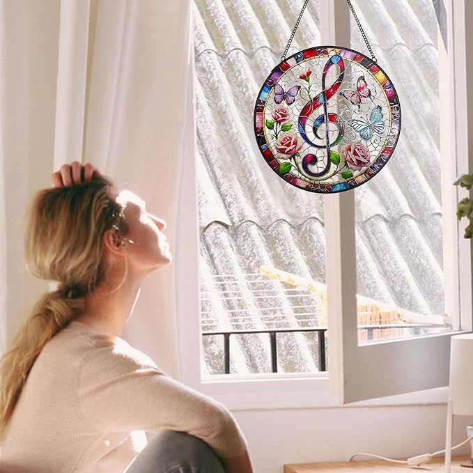 Treble Clef Stained Glass Window Hanging, 7.9'' Musical Note Suncatcher Window Decoration Music Lover Gifts