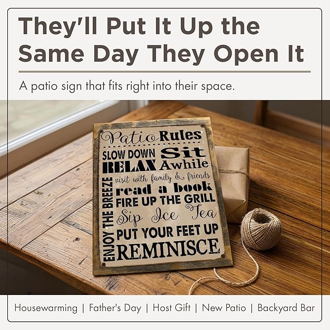 Homebody Accents Patio Rules Sign - Rustic Steel Porch Wall Decor, Outdoor Sign for Back Patio, Deck and Screened Porch, Positive Thinking Home Gift, Made in USA - 13"x17" Framed
