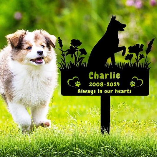 Custom German Shepherd Dog Memorial Grave Marker,Personalized Pet Dog Memorial Garden Stake,Flora Dog Memorial Plaque Burial Stake Engraved Sign,Dog Sympathy Grave Stake,Dog Statue Headstone