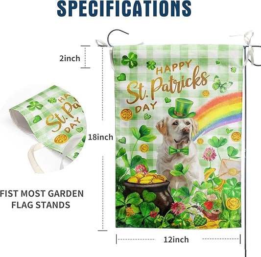 White Lab St Patricks Day Garden Flag Labrador Dog St Patrick's Day Yard Flags for Outside 12x18 Double Sided Buffalo Plaid Shamrock Flag Small Outdoor Rainbow St Patrick's Decor