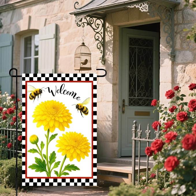 IVN Welcome Garden Flag 12x18 Inch Double Sided Spring Summer Garden Yard Flags Yellow Chrysanthemum Flowers Bees Decorative Small Flags for Outdoor Seasonal Front Door Lawn Porch Patio Decor Yard Flag