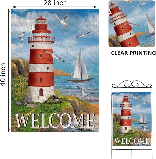 Home Decorative Welcome Summer Lighthouse House Flag, Spring Coastal Seagull Birds Garden Yard Beach Nautical Sailboat Outside Decoration, Ocean Outdoor Large Burlap Decor Double Sided 28 x 40