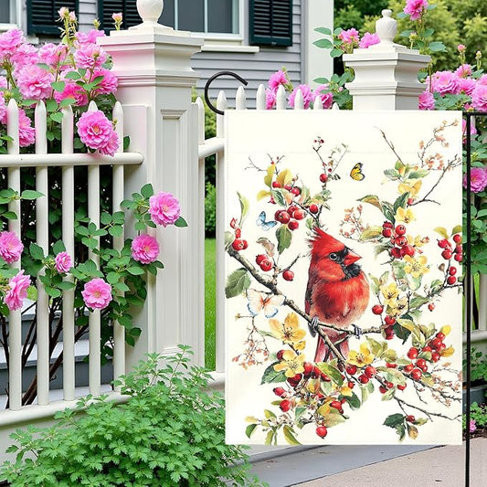 Red Cardinal Bird Garden Flag Spring Summer Floral Yard Flags for Outdoor Lawn Porch Patio Decoration Memorial Birds Lover Gift Butterfly Watercolor Wild Bird House Banner Decor 12x18 Inch