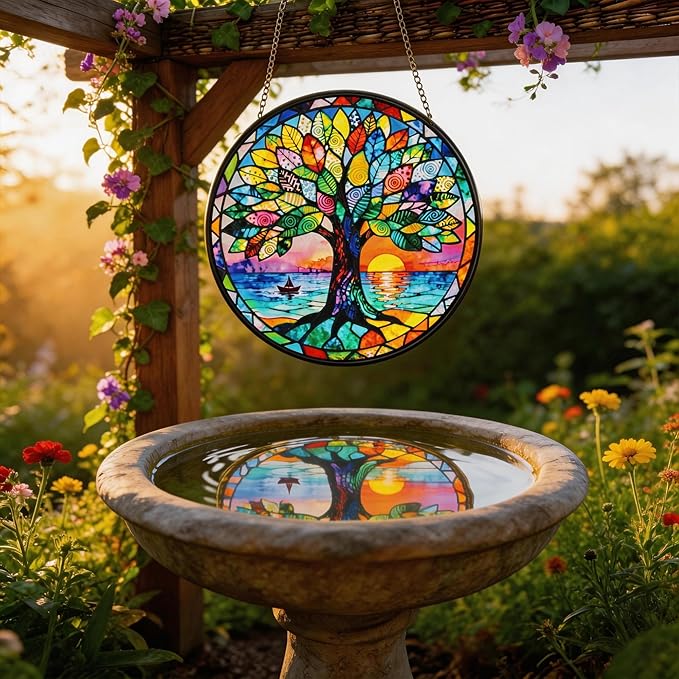Stained Glass Tree of Life Suncatcher, Handmade Rainbow Maker Window Hanging for Garden or Home – Memorial & Sympathy Gifts, Remembrance Gift for Women Mom Family, Whimsical Decor (Colorful, Medium)
