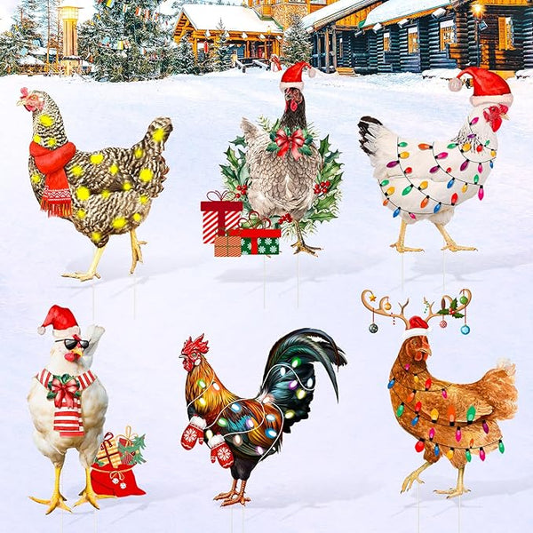 6 PCS Christmas Chicken Decorations Christmas Chicken Yard Sign with Stakes Waterproof Xmas Outdoor Yard Signs Lawn Decor for Holiday Garden Patio