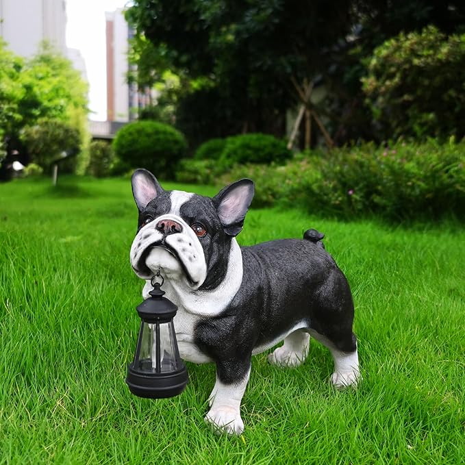 Playful Standing French Bulldog Sculpture with Solar Lantern & Double-Sided 'On Patrol' and 'Welcome' Signposts – Whimsical Resin Statue for Garden, Yard, and Patio