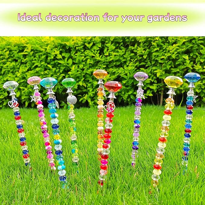 72Pcs DIY Fairy Wand Beaded Garden Stakes Kit Fairy Wands Kit for Different Festivals Fairy Garden Accessories Outdoor Fairy Garden Stakes Decorative, Diamond-(Purple+Lake Blue+Pink)
