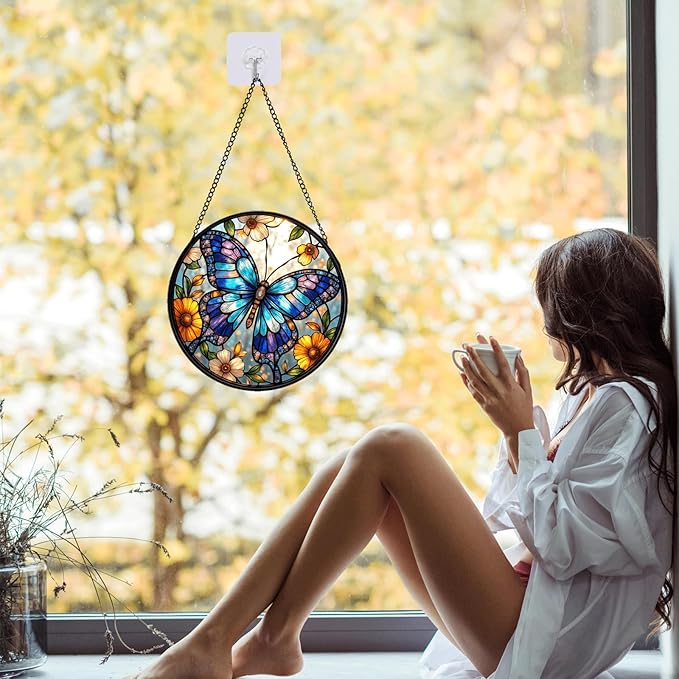 Butterfly Stained Glass Suncather for Window Hanging, 6.3'' Blue Butterfly Ornament Gift for Women, Nature-Inspired Wall Art Home Decor Gifts for Mom, Grandma, Mother's Day (Blue, 6.3'')