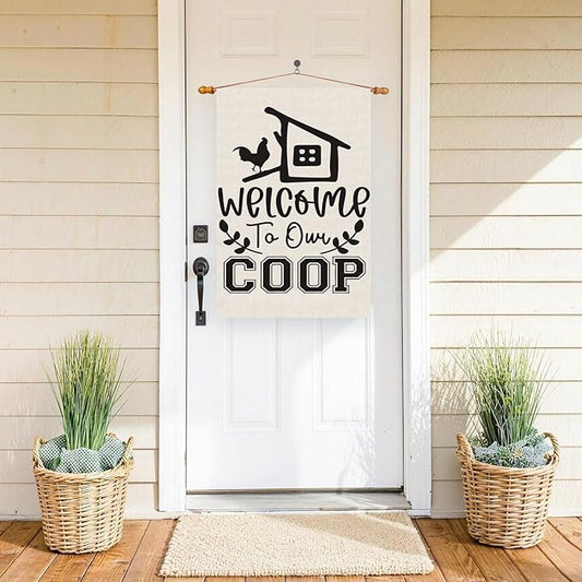 Black Chicken Welcome to Our Coop Large House Flag Burlap 28X40 Inch Vertical Double Sided Outside Yard Holiday Outdoor Farmhouse Decoration