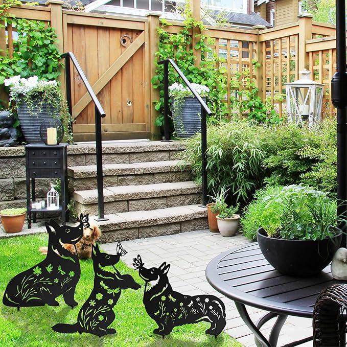 MorningRo 3 Pcs Corgi Metal Dog Garden Decor for Outside 12" Corgi Puppy Garden Stake Black Silhouette Statues Outdoor Decoration Women Men Dog Lovers Spring Patio Lawn Yard Art