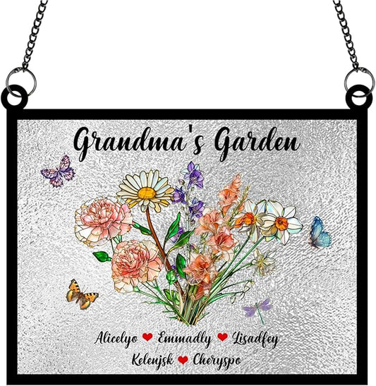 Personalized Grandmas Garden Stained Glass Suncatchers, Custom Name Birth Month Flowers Window Hanging Ornament, Mothers Day Christmas Birthday Gifts for Grandma Mom Nana Mimi (Rectangle 2)