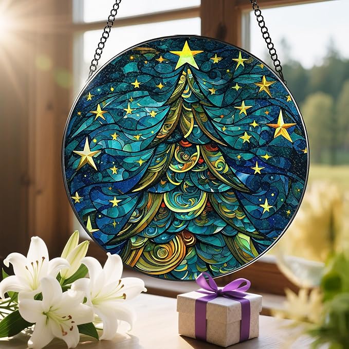 8-Inch Christmas Tree Suncatcher Ornament, Stained Glass Window Hanging & Stained Glass Holiday Ornament, Sun Catcher Window Decor โ Keepsake Gift for Family, Coworkers & Friends, Gifts for Christmas