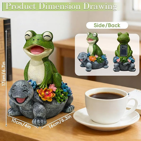 Solar Garden Statues, Cute Smiling Animal Outdoor Decor with 8 Bright LED Lights for Patio Yard Balcony Perfect Mother‘s Day Birthday Housewarming Garden Gift (Green Frog - Stone colored Turtle)
