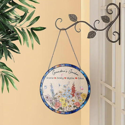 NAZENTI Custom Family Birth Flowers Glass Suncatcher, Personalized Stained Glass Window Hanging Suncatcher with Kids Name, Gifts for Mother's Day, Personalized Grandma Flower Garden