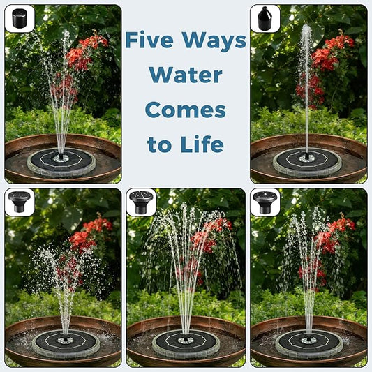 Solar Fountain for Bird Bath with Colorful LED Lights, Floating Solar Fountain, 3W Solar Powered Water Fountain Pump with Strong Spray & 5 Nozzles for Garden, Pond, Pool, 23 LED Lights