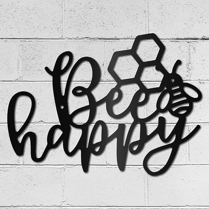 CREATCABIN Bee Happy Metal Wall Art Decor Wall Sculpture Hanging Decoration Sign Iron Outline Wall Art Black Rustic Decor Ornament Wall for Garden Indoor Outside Living Room Home Office 12 x 8.7Inch