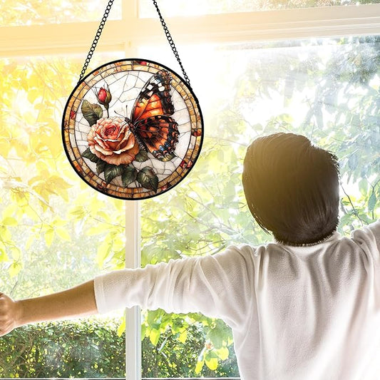 DASTOLL Stained Glass Window Hanging, Butterfly Picking Flowers Suncatcher for Doors Home Sun Catchers Decoration and Christmas, Mother's Day Birthday Gifts for Women, Men, and Mom 7.8 in