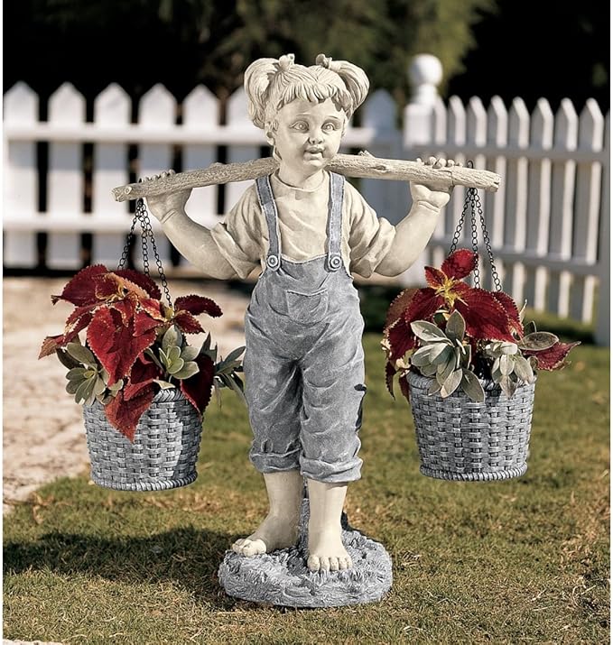 Design Toscano Flowers for Felicity Little Girl Garden Statue with Basket Planters, Medium, 25 Inches Tall, Cast Stone Resin, Two Tone Stone Finish