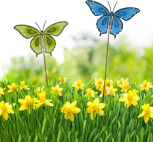 Metal Garden Stakes Spring Yard Sign Decorative Plant Stake Lawn Art Patio Decor Pathway Ornaments Indoor Outdoor Decoration (Blue+Green Butterfly)