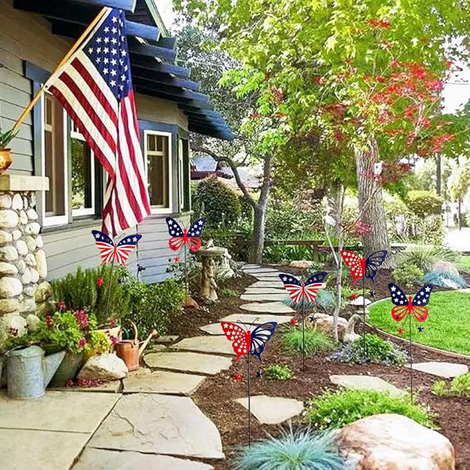 6 Pcs 4th of July Decorations Outdoor,18.2" Red White Blue Metal Butterfly Decorative Garden Stakes for Independence Day,Americana Patriotic Yard Signs Decor for Garden Lawn Porch