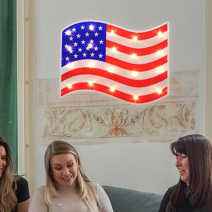 LAMPHOME 17.3'' Lighted Holographic American Flag Window Silhouette Decoration, 17 Inches, Red, White and Blue - Patriotic Decor