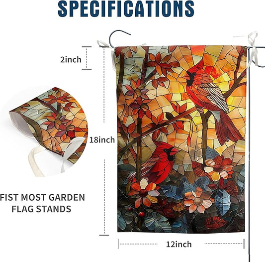 Stained Glass Cardinal Red Birds Garden Flag Spring Summer Yard Flag Fall Floral Decorative Flags for Outside 12x18 Double Sided Small Seasonal Lawn Flags Rustic Outdoor Decor