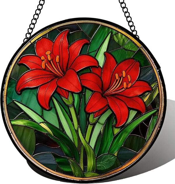 Stained Glass Window Hanging Red Lilies Suncatcher 8 Inch, Red Flower Glass Art Romantic Home Decor, Indoor Outdoor Wall Art, Birthday for Women Men