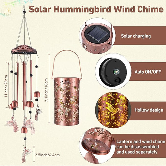 Retisee Hummingbird Solar Wind Chimes Outdoor Metal Hummingbird Gifts Solar Light Windchimes Outside Indoors Christmas Decoration Birthday Gift for Home Lawn Porch Patio Garden Yard