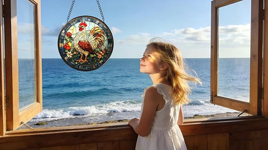 Stained Glass Window Hanging - The Golden Rooster Stared Ahead 6.3 Inches Suncatcher for Garden Home Decor for Women Mon Grandma Friends