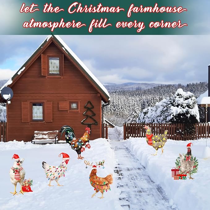 6 PCS Christmas Chicken Decorations Christmas Chicken Yard Sign with Stakes Waterproof Xmas Outdoor Yard Signs Lawn Decor for Holiday Garden Patio