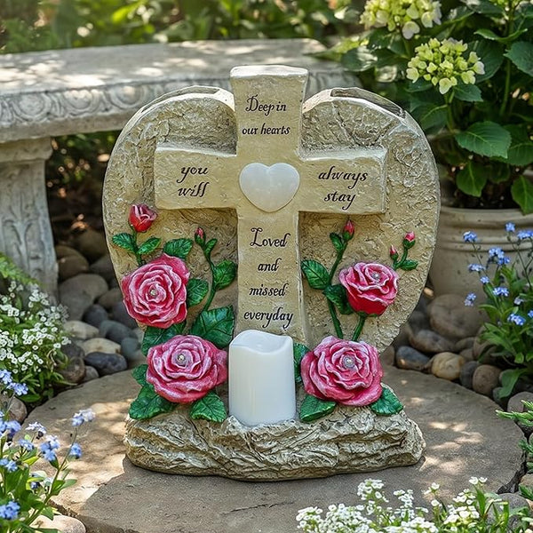 MXwcy Memorial Garden Stone Cross with LED Lights - Sympathy Gift, Bereavement & Remembrance for Loss of Loved One, Outdoor Indoor Grave Marker Decoration, Weatherproof Resin Heart Rose Design