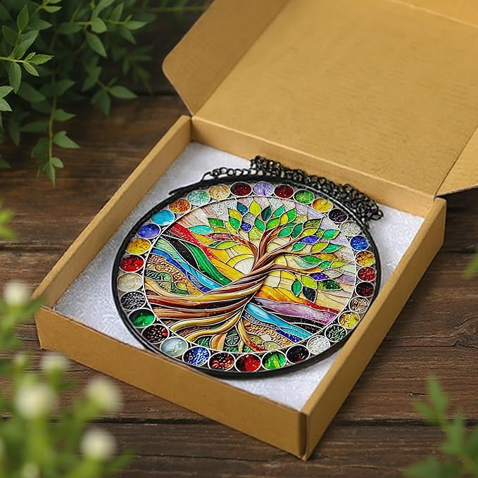 8-Inch Colorful Tree of Life Stained Glass Suncatcher & Ornament โ Stained Glass Window Hanging & Decor, Sun Catchers for Windows Indoor, Gifts for Women, Gifts for Christmas, Housewarming Gift